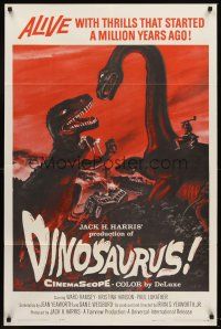 5y275 DINOSAURUS 1sh '60 great artwork of battling prehistoric T-rex & brontosaurus!