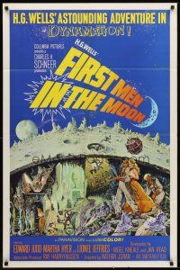 5y332 FIRST MEN IN THE MOON 1sh '64 Ray Harryhausen, H.G. Wells, fantastic sci-fi artwork!