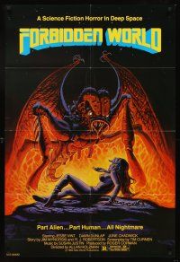 5y350 FORBIDDEN WORLD 1sh '82 Roger Corman, cool sci-fi art of giant monster attacking sexy girl!