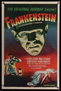 5y099 FRANKENSTEIN 1sh R47 best full-color close up artwork of Boris Karloff as the monster!