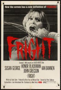 5y357 FRIGHT 1sh '71 terrified Susan George about to have her mouth slashed open by glass!