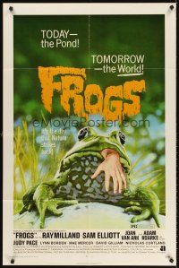 5y359 FROGS 1sh '72 great horror art of man-eating amphibian with human hand hanging from mouth!
