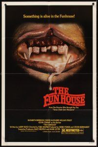 5y364 FUNHOUSE 1sh '81 Tobe Hooper, creepy close up of drooling mouth with nasty teeth!