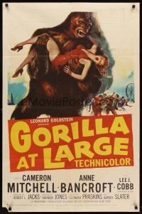 5y381 GORILLA AT LARGE 1sh '54 great art of giant ape holding screaming sexy Anne Bancroft!
