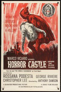 5y401 HORROR CASTLE 1sh '64 Where the Blood Flows, cool art of cloaked figure carrying girl!