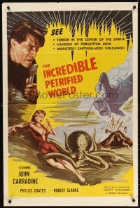 5y436 INCREDIBLE PETRIFIED WORLD 1sh '59 art of sexy Phyllis Coates attacked by octopus monster!