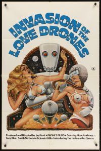 5y448 INVASION OF THE LOVE DRONES 1sh '77 Jamie Gillis, wacky art of robot & sexy women!