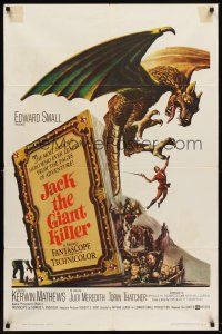 5y459 JACK THE GIANT KILLER 1sh '62 cool fantasy art of Kerwin Mathews battling dragon from book!