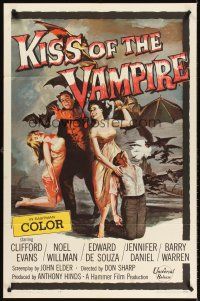 5y474 KISS OF THE VAMPIRE 1sh '63 Hammer, cool art of devil bats attacking by Joseph Smith!