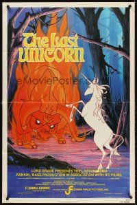 5y485 LAST UNICORN 1sh '82 cool fantasy artwork of unicorn & giant flaming bull!