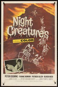 5y552 NIGHT CREATURES 1sh '62 Hammer, great horror art of skeletons riding skeleton horses!