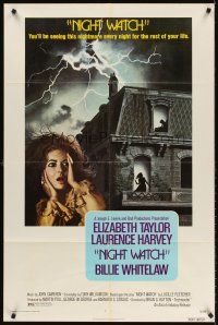 5y561 NIGHT WATCH 1sh '73 art of scared Elizabeth Taylor by haunted house!