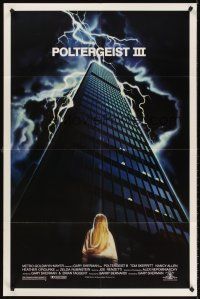 5y594 POLTERGEIST 3 1sh '88 great image of Heather O'Rourke in front of skyscraper in storm!