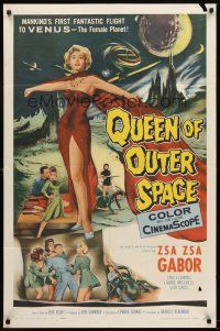 5y606 QUEEN OF OUTER SPACE 1sh '58 artwork of sexy full-length Zsa Zsa Gabor on Venus!