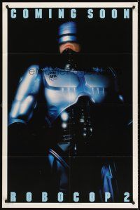 5y625 ROBOCOP 2 teaser DS 1sh '90 super close up of cyborg policeman Peter Weller, sci-fi sequel!