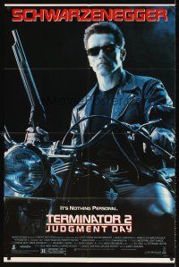 5y676 TERMINATOR 2 1sh '91 Arnold Schwarzenegger on motorcycle w/shotgun, it's nothing personal!