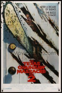 5y684 TEXAS CHAINSAW MASSACRE PART 2 door style 1sh '86 Tobe Hooper horror sequel, cool Huston art!