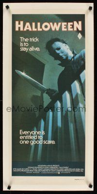 5z019 HALLOWEEN linen Aust daybill '78 John Carpenter classic, great image, trick is to stay alive!