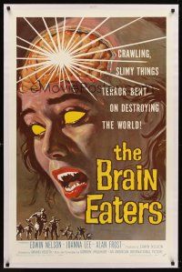 5z003 BRAIN EATERS linen 1sh '58 AIP, classic horror art of girl's brain exploding!