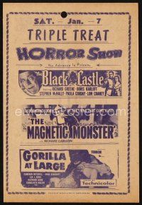 5z141 TRIPLE TREAT HORROR SHOW herald '50s The Black Castle, The Magnetic Monster, Gorilla at Large