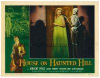 5z282 HOUSE ON HAUNTED HILL LC #7 '59 Carol Ohmart screams at wacky skeleton touching her shoulder!