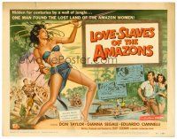 5z205 LOVE-SLAVES OF THE AMAZONS TC '57 art of sexy barely-dressed female native throwing spear!