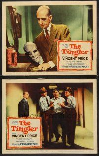 5z413 TINGLER 2 LCs '59 William Castle, police lead screaming guy to electric chair + guy w/mask!