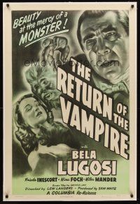 5z007 RETURN OF THE VAMPIRE linen 1sh R48 cool image of Bela Lugosi & werewolf choking pretty girl!