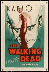 5z005 WALKING DEAD linen 1sh R44 Michael Curtiz, cool art of Boris Karloff & full-length sexy woman!