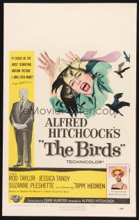 5z043 BIRDS WC '63 Alfred Hitchcock classic horror, art of Tippi Hedren attacked by birds!