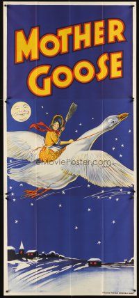6a022 MOTHER GOOSE stage play English 3sh '30s stone litho art of mom holding broom & riding goose!
