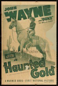 6a077 HAUNTED GOLD foamcore backed 1sh R39 cowboy John Wayne on Duke, the miracle horse!