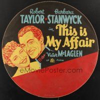 6a001 THIS IS MY AFFAIR tire cover '37 Barbara Stanwyck, Robert Taylor, Victor McLaglen!
