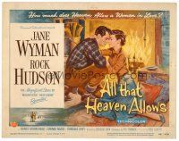 6b016 ALL THAT HEAVEN ALLOWS TC '55 great romantic art of Rock Hudson & Jane Wyman by fireplace!