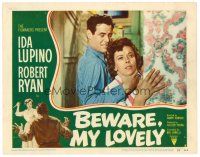 6b491 BEWARE MY LOVELY LC #5 '52 c/u of Ida Lupino being choked by out-of-control Robert Ryan!