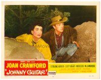 6b693 JOHNNY GUITAR LC #6 '54 c/u of Joan Crawford & Sterling Hayden behind rocks, Nicholas Ray