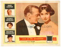 6b728 LOVE IN THE AFTERNOON LC '57 romantic c/u of Gary Cooper in tuxedo w/ pretty Audrey Hepburn!