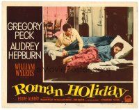 6b875 ROMAN HOLIDAY LC #4 '53 Gregory Peck looks over at sleeping Audrey Hepburn in bed!