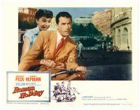 6b877 ROMAN HOLIDAY LC #8 R60 close up of excited Audrey Hepburn & Gregory Peck riding on Vespa!