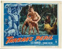 6b947 TARZAN'S PERIL LC #4 '51 chimp watches Lex Barker carry unconscious man in the jungle!