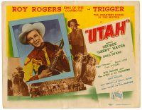 6b434 UTAH TC '45 close up of Roy Rogers playing guitar & riding Trigger, Dale Evans, Gabby Hayes