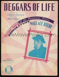 6d281 BEGGARS OF LIFE sheet music '28 William Wellman, Wallace Beery, the title theme song!