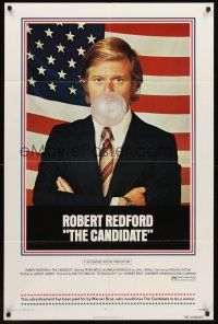 6f168 CANDIDATE 1sh '72 great image of candidate Robert Redford blowing a bubble!