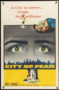 6f194 CITY OF FEAR 1sh '59 crazy Vince Edwards, cool eyes over L.A. skyline image!