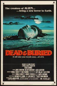 6f242 DEAD & BURIED 1sh '81 really cool horror art of person buried up to the neck by Campanile!
