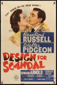 6f257 DESIGN FOR SCANDAL 1sh '41 artwork of Walter Pidgeon kissing Rosalind Russell!