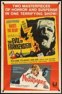 6f322 EVIL OF FRANKENSTEIN/NIGHTMARE 1sh '64 two masterpieces of horror & suspense in one show!