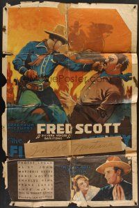 6f340 FIGHTING DEPUTY 1sh '37 cool stone litho art of cowboy Fred Scott fighting!