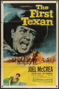 6f348 FIRST TEXAN 1sh '56 great close up image of cowboy Joel McCrea, plus sexy Felicia Farr!