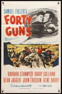6f366 FORTY GUNS 1sh '57 Samuel Fuller, art of Barbara Stanwyck & Barry Sullivan on horseback!